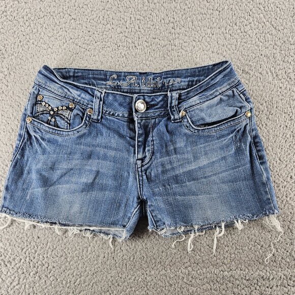 LA Idol Jean Shorts Womens 30 (29x2) Blue Jorts Cut Offs Embellished Embroidered - Picture 2 of 16